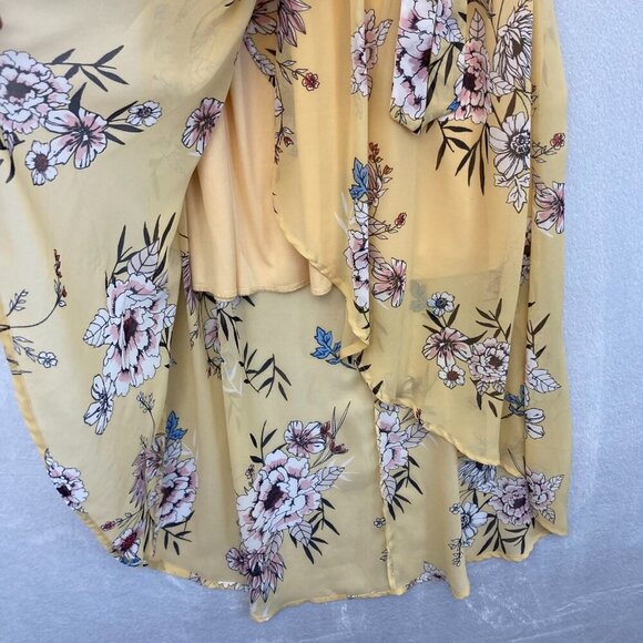Floral Hi Low Cold Shoulder Maxi Dress Womens Medium M Butter Yellow Boho Flowy - Picture 10 of 16